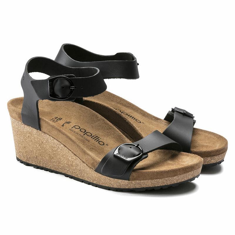 Birkenstock Papillio Soley Ring Přezkou Læder Sandaler Dame Sort | DK 371YXF